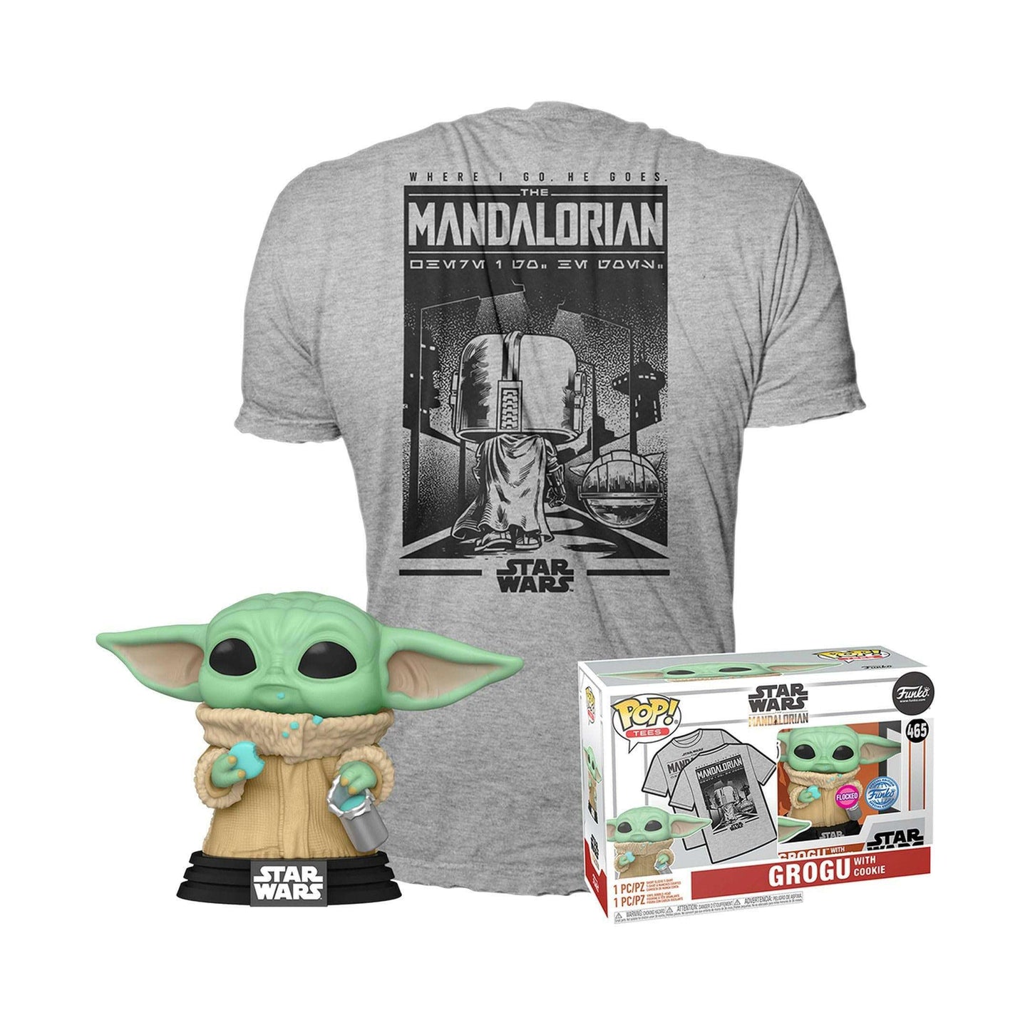 Funko Pop! & Tee Bundle Star Wars 465 The Mandalorian Grogu with Cookie Flocked "XL" Funko