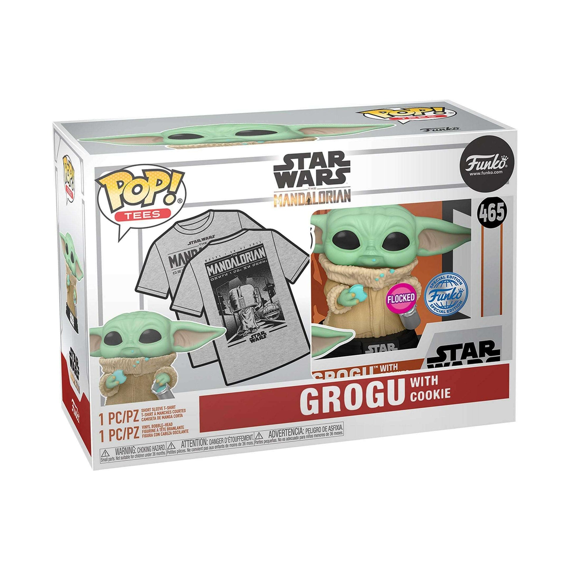 Funko Pop! & Tee Bundle Star Wars 465 The Mandalorian Grogu with Cookie Flocked "XL" Funko