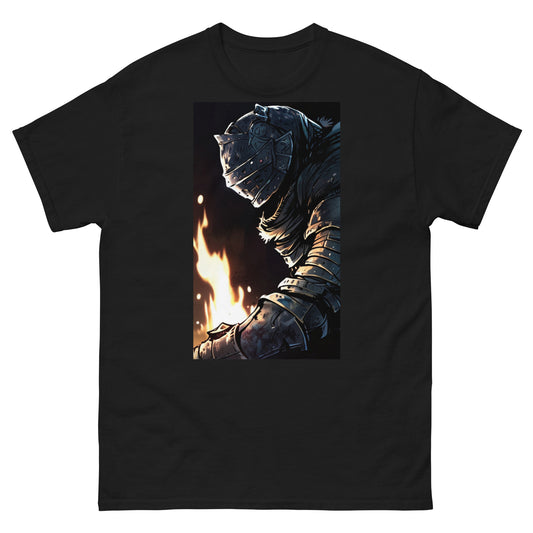 Klassisches Herren-T-Shirt Souls Like Dark Knight mit Feuerstelle