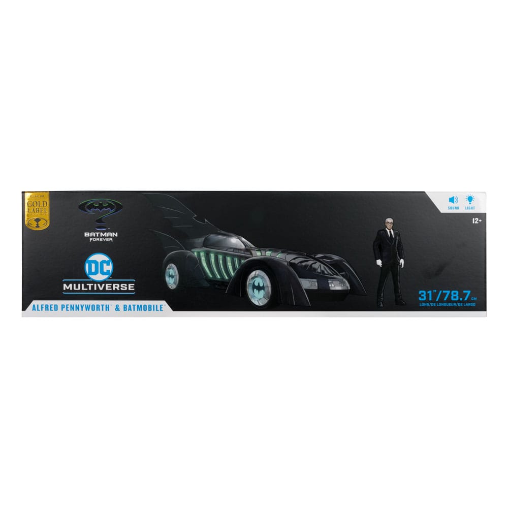 Pre-Order! McFarlane DC Multiverse Actionfigur mit Fahrzeug Batman Forever Alfred Pennyworth & Batmobile (Gold Label) 79cm